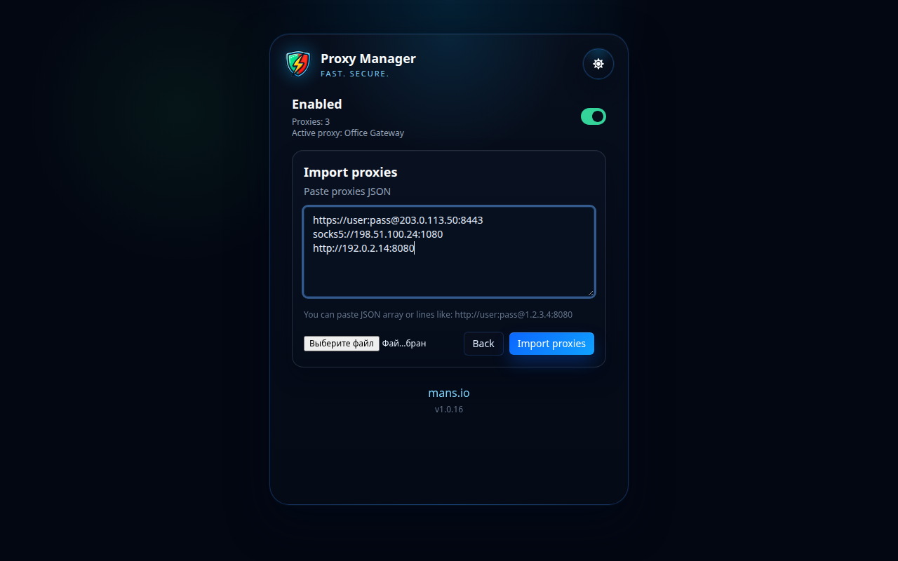 Importeerscherm Proxy Manager